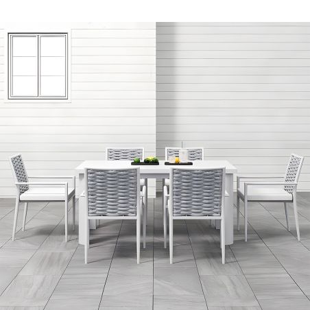Möbelset für Garten oder Terrasse – Tisch aus Aluminium und Holz, 6 Stühle mit Seilgeflecht, Torino