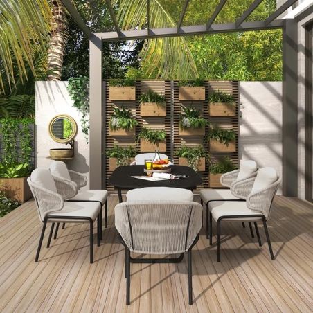 Möbelset für Garten oder Terasse, 6 Personen – Tisch mit Aluminiumplatte, Stühle mit Kissen, Polyrattan, Roma