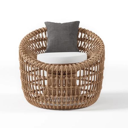 Möbelset für Garten oder Terasse – 2 Sessel, Couchtisch, Aluminiumrahmen, Polyrattan, braune und weiße Kissen, Ema