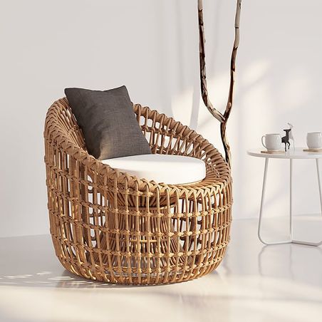 Möbelset für Garten oder Terasse – 2 Sessel, Couchtisch, Aluminiumrahmen, Polyrattan, braune und weiße Kissen, Ema