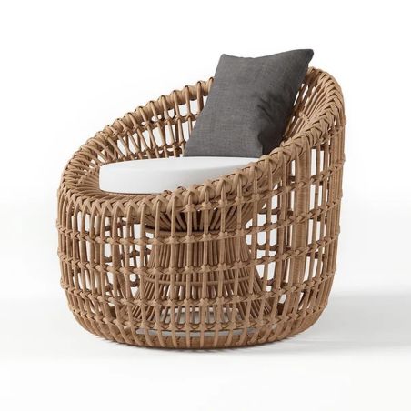 Möbelset für Garten oder Terasse – 2 Sessel, Couchtisch, Aluminiumrahmen, Polyrattan, braune und weiße Kissen, Ema