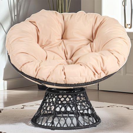 360° Drehbarer Sessel, Terrasse oder Garten, Rattan, inklusive cremefarbenem Kissen, Bamboo