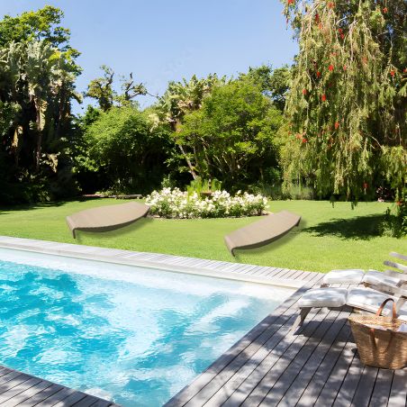 Strandliege, Beige, Aluminium und Polyrattan, Blattform, ideal für Pool, Terrasse, Acapulco