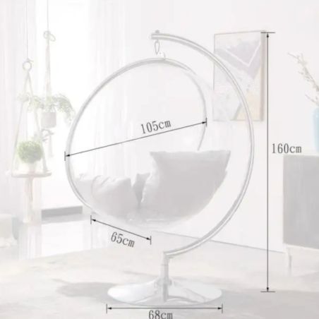 Hängesessel, transparenter Polycarbonat, Edelstahlrahmen und graue Kissen, Höhe 160 cm, Bubble