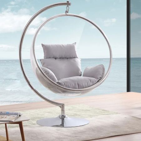 Hängesessel, transparenter Polycarbonat, Edelstahlrahmen und graue Kissen, Höhe 160 cm, Bubble