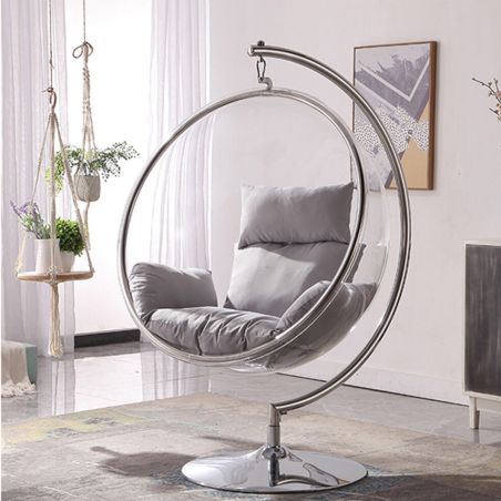 Hängesessel, transparenter Polycarbonat, Edelstahlrahmen und graue Kissen, Höhe 160 cm, Bubble