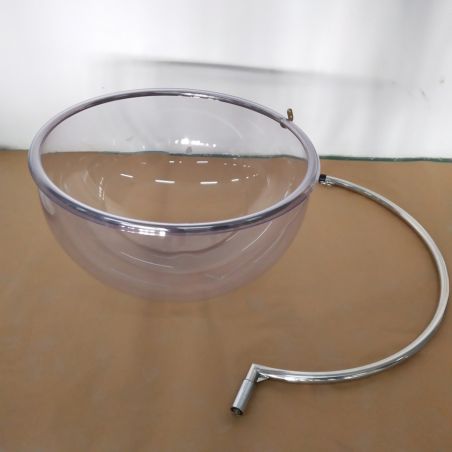 Hängesessel, transparenter Polycarbonat, Edelstahlrahmen und graue Kissen, Höhe 160 cm, Bubble