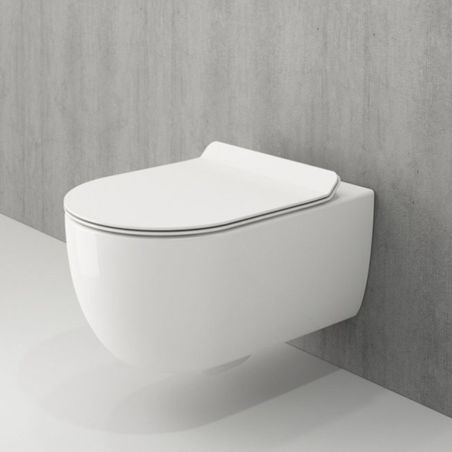 WC-Schüssel EGO Michael Rimless, 49x37 cm, Weiß glänzend, hängende Montage, Soft-Close-Duroplast-Deckel zum einfachen Abnehmen