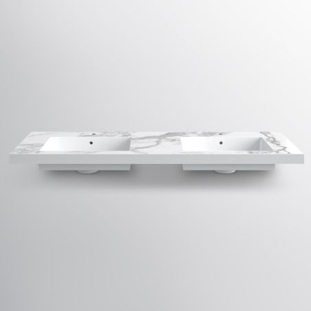 Doppelwaschbecken Paola, Weiß Carrara Arabescato Finish, Mineralkomposit, Halb-Einbaumontage, 2 Armaturenlöchern, 150x48 cm
