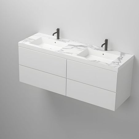 Doppelwaschbecken Paola, Weiß Carrara Arabescato Finish, Mineralkomposit, Halb-Einbaumontage, 2 Armaturenlöchern, 150x48 cm