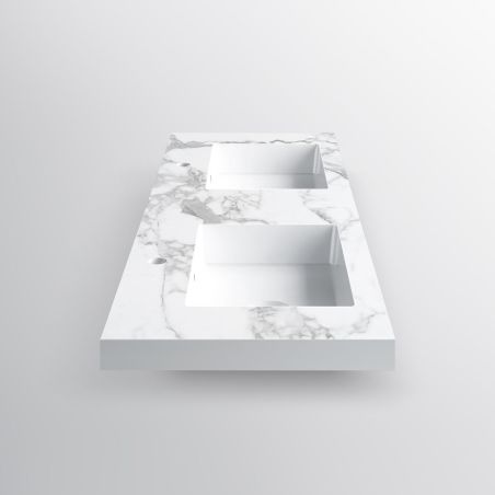 Doppelwaschbecken Paola, Weiß Carrara Arabescato Finish, Mineralkomposit, Halb-Einbaumontage, 2 Armaturenlöchern, 150x48 cm