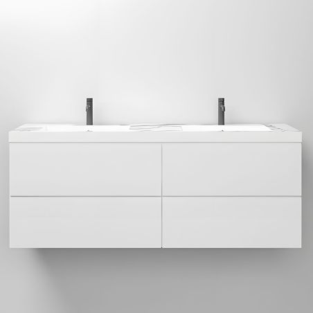 Doppelwaschbecken Paola, Weiß Carrara Arabescato Finish, Mineralkomposit, Halb-Einbaumontage, 2 Armaturenlöchern, 150x48 cm