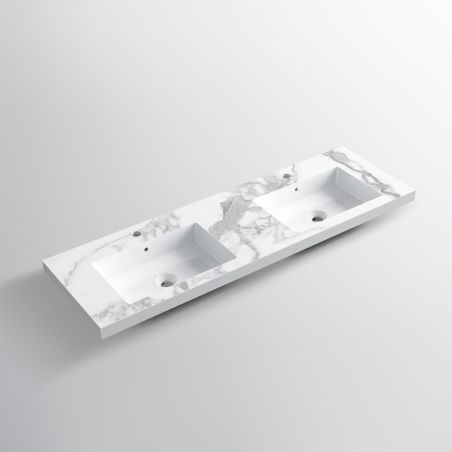 Doppelwaschbecken Paola, Weiß Carrara Arabescato Finish, Mineralkomposit, Halb-Einbaumontage, 2 Armaturenlöchern, 150x48 cm