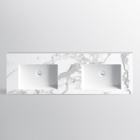 Doppelwaschbecken Paola, Weiß Carrara Arabescato Finish, Mineralkomposit, Halb-Einbaumontage, 2 Armaturenlöchern, 150x48 cm