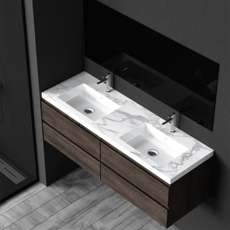 Doppelwaschbecken Paola, Weiß Carrara Arabescato Finish, Mineralkomposit, Halb-Einbaumontage, 2 Armaturenlöchern, 150x48 cm