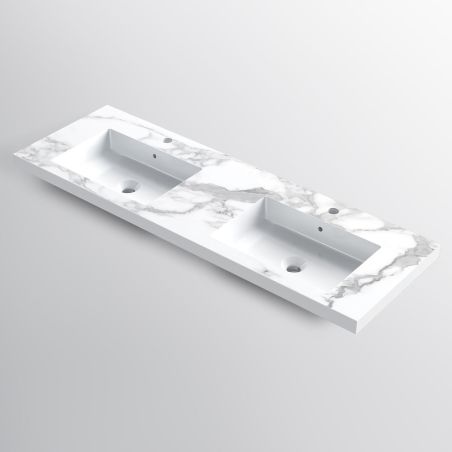 Doppelwaschbecken Paola, Weiß Carrara Arabescato Finish, Mineralkomposit, Halb-Einbaumontage, 2 Armaturenlöchern, 161x54.2 cm