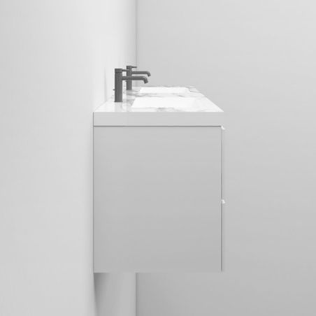 Doppelwaschbecken Paola, Weiß Carrara Arabescato Finish, Mineralkomposit, Halb-Einbaumontage, 2 Armaturenlöchern, 161x54.2 cm