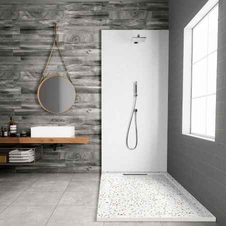 Duschwanne, Weiß, Terrazzo Finish, Mineralkomposit, Höhe 2,5 cm, Maße 100-160x80-90 cm, zuschneidbar, Antonio