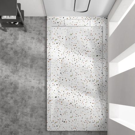 Duschwanne, Weiß, Terrazzo Finish, Mineralkomposit, Höhe 2,5 cm, Maße 100-160x80-90 cm, zuschneidbar, Antonio