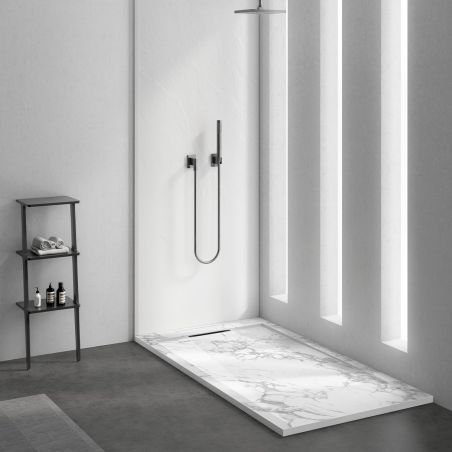 Duschwanne, Weiß, Carrara Arabescato Finish, Mineralkomposit, Höhe 2,5 cm, Maße 100-160x80-90 cm, zuschneidbar, Antonio