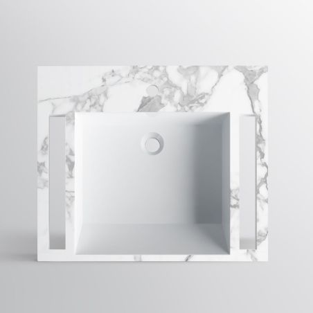 Waschbecken, Weiß Carrara Arabescato Finish, Handtuchhalter, Komposit, wandhängende, Halb-Einbaumontage, 65x55 cm, Lavanda