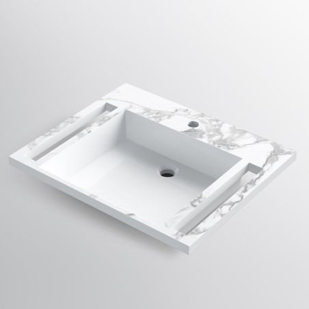 Waschbecken, Weiß Carrara Arabescato Finish, Handtuchhalter, Komposit, wandhängende, Halb-Einbaumontage, 65x55 cm, Lavanda