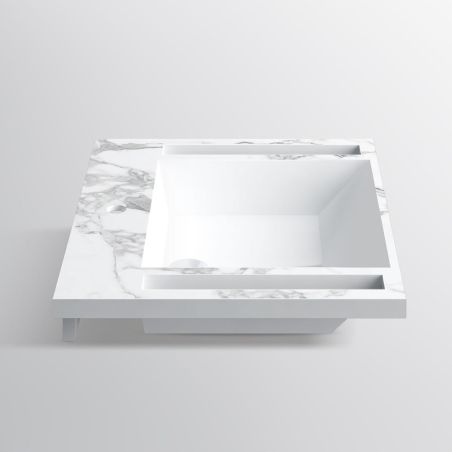 Waschbecken, Weiß Carrara Arabescato Finish, Handtuchhalter, Komposit, wandhängende, Halb-Einbaumontage, 65x55 cm, Lavanda