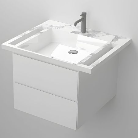 Waschbecken, Weiß Carrara Arabescato Finish, Handtuchhalter, Komposit, wandhängende, Halb-Einbaumontage, 65x55 cm, Lavanda