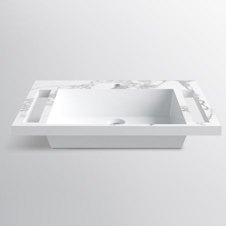 Waschbecken, Weiß Carrara Arabescato Finish, Handtuchhalter, Komposit, wandhängende, Halb-Einbaumontage, 65x55 cm, Lavanda