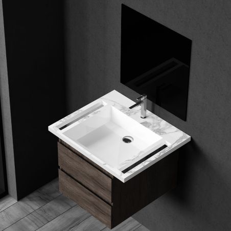 Waschbecken, Weiß Carrara Arabescato Finish, Handtuchhalter, Komposit, wandhängende, Halb-Einbaumontage, 65x55 cm, Lavanda