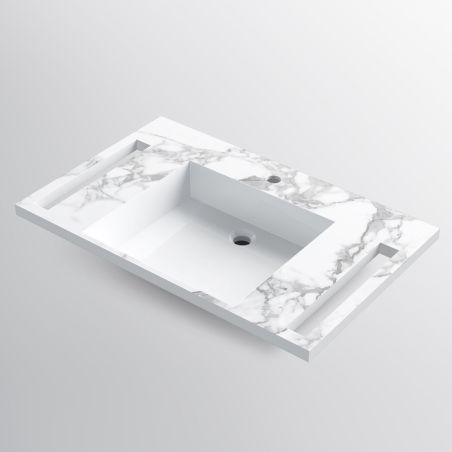 Waschbecken, Weiß Carrara Arabescato Finish, Handtuchhalter, Komposit, wandhängende, Halb-Einbaumontage, 85x55 cm, Lavanda