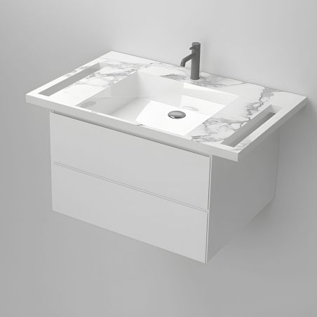 Waschbecken, Weiß Carrara Arabescato Finish, seitliche Handtuchhalter, Komposit, wandhängende Montage, 85x55 cm, Lavanda