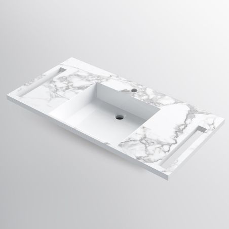 Waschbecken, Weiß Carrara Arabescato Finish, seitliche Handtuchhalter, Komposit, wandhängende Montage, 105x55 cm, Lavanda