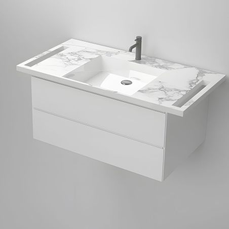 Waschbecken, Weiß Carrara Arabescato Finish, seitliche Handtuchhalter, Komposit, wandhängende Montage, 105x55 cm, Lavanda