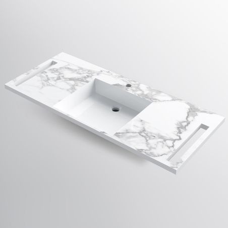 Waschbecken, Weiß Carrara Arabescato Finish, seitliche Handtuchhalter, Komposit, wandhängende Montage, 125x55 cm, Lavanda