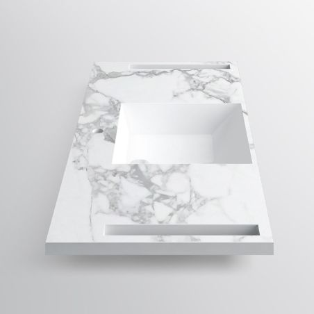 Waschbecken, Weiß Carrara Arabescato Finish, Handtuchhalter, Komposit, wandhängende Halb-Einbaumontage, 125x55 cm, Lavanda