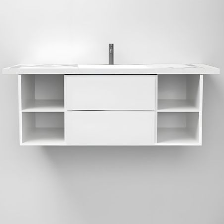 Waschbecken, Weiß Carrara Arabescato Finish, seitliche Handtuchhalter, Komposit, wandhängende Montage, 125x55 cm, Lavanda