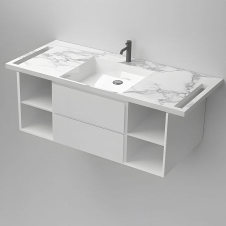 Waschbecken, Weiß Carrara Arabescato Finish, Handtuchhalter, Komposit, wandhängende Halb-Einbaumontage, 125x55 cm, Lavanda