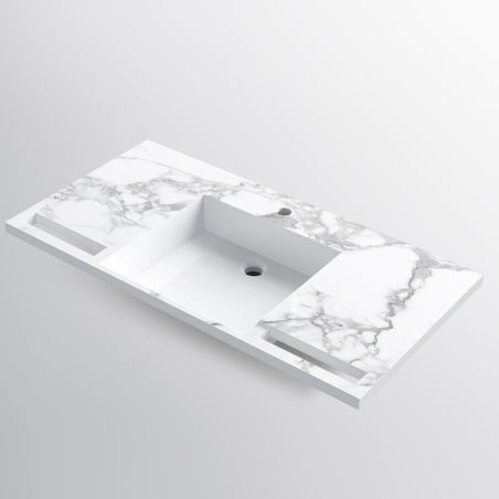 Waschbecken, Weiß Carrara Arabescato Finish, Handtuchhalter, Komposit, Wand- oder Halb-Einbaumontage, 105-125x55 cm, Fuente