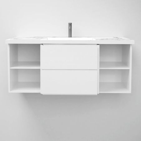 Waschbecken, Weiß Carrara Arabescato Finish, Handtuchhalter, Komposit, Wand- oder Halb-Einbaumontage, 105-125x55 cm, Fuente