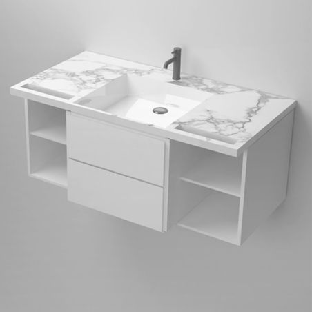 Waschbecken, Weiß Carrara Arabescato Finish, Handtuchhalter, Komposit, Wand- oder Halb-Einbaumontage, 105-125x55 cm, Fuente