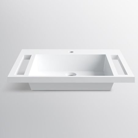 Waschbecken, Glänzend Weiß, seitliche Handtuchhalter, Mineralkomposit, wandhängende, Halb-Einbaumontage, 65x55 cm, Lavanda