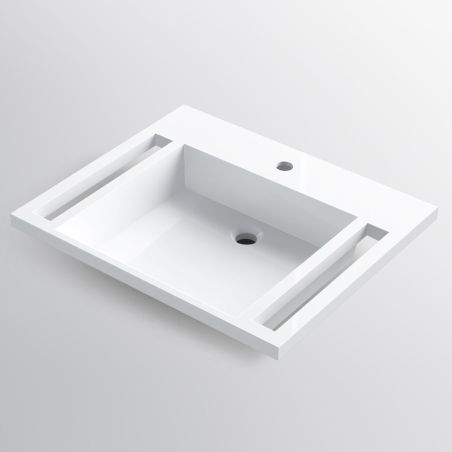 Waschbecken, Glänzend Weiß, seitliche Handtuchhalter, Mineralkomposit, wandhängende, Halb-Einbaumontage, 65x55 cm, Lavanda