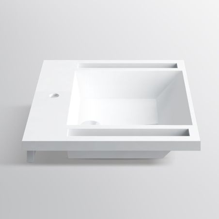 Waschbecken, Glänzend Weiß, seitliche Handtuchhalter, Mineralkomposit, wandhängende, Halb-Einbaumontage, 65x55 cm, Lavanda