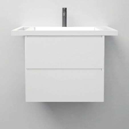 Waschbecken, Glänzend Weiß, seitliche Handtuchhalter, Mineralkomposit, wandhängende, Halb-Einbaumontage, 65x55 cm, Lavanda