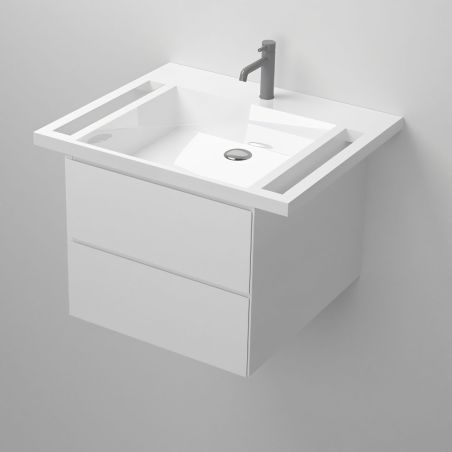 Waschbecken, Glänzend Weiß, seitliche Handtuchhalter, Mineralkomposit, wandhängende, Halb-Einbaumontage, 65x55 cm, Lavanda