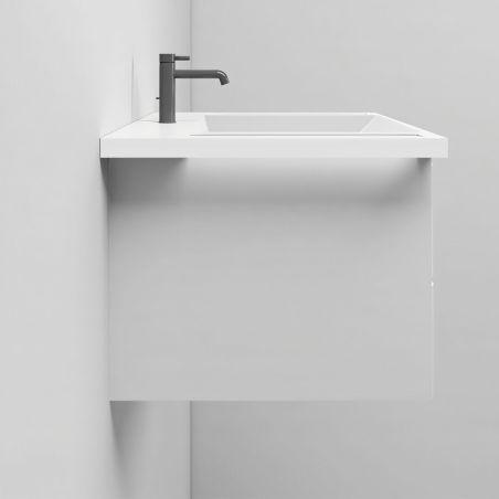 Waschbecken, Glänzend Weiß, seitliche Handtuchhalter, Mineralkomposit, wandhängende, Halb-Einbaumontage, 65x55 cm, Lavanda