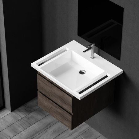 Waschbecken, Glänzend Weiß, seitliche Handtuchhalter, Mineralkomposit, wandhängende, Halb-Einbaumontage, 65x55 cm, Lavanda