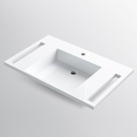 Waschbecken, Glänzend Weiß, seitliche Handtuchhalter, Mineralkomposit, wandhängende, Halb-Einbaumontage, 85x55 cm, Lavanda