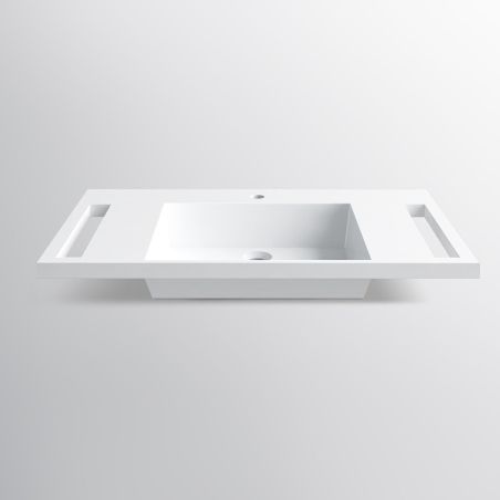 Waschbecken, Glänzend Weiß, seitliche Handtuchhalter, Mineralkomposit, wandhängende, Halb-Einbaumontage, 85x55 cm, Lavanda